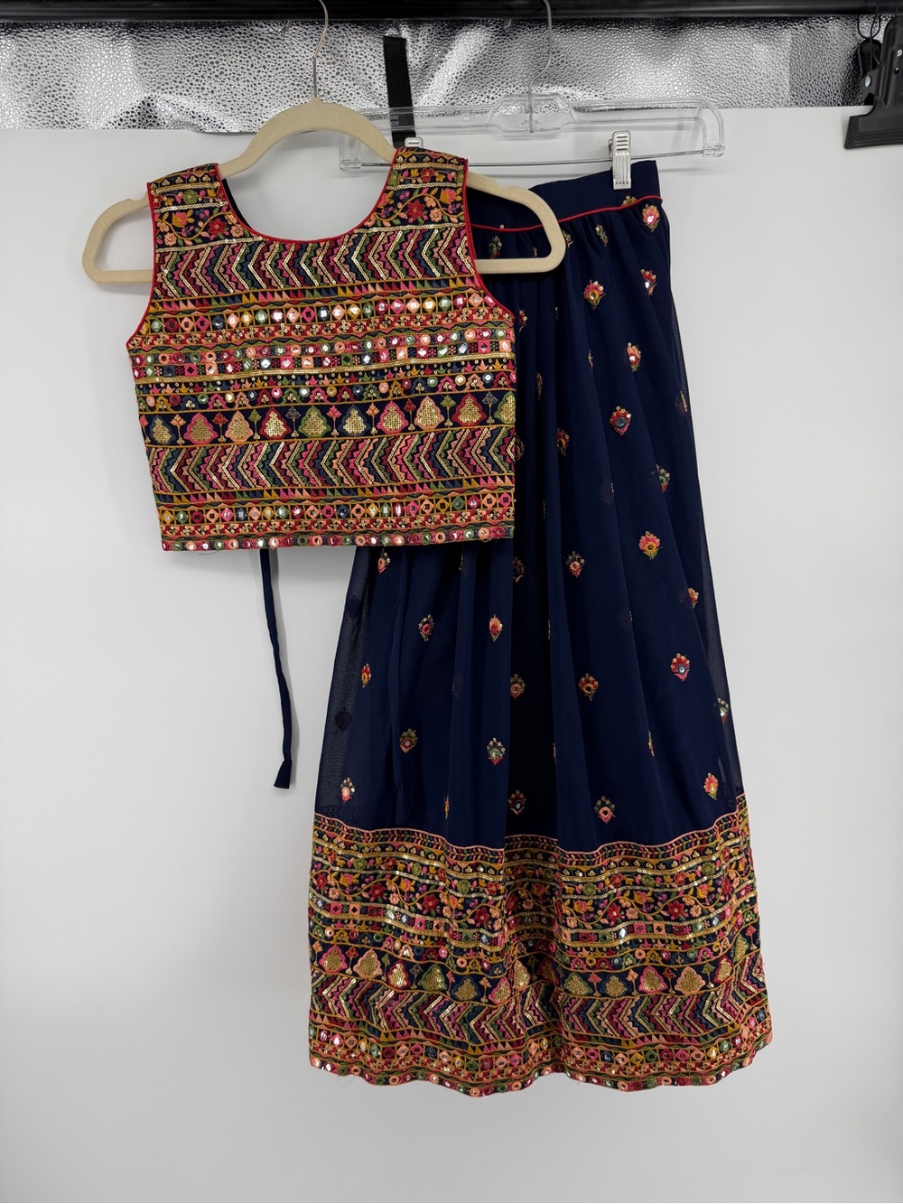 Navy Blue Bollywood‎ Glam Embroidered Faux Mirror Chaniya Choli Lehenga Set Sz32